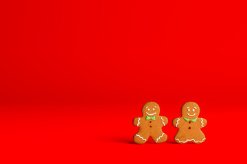 Christmas food. Homemade gingerbread cookies with ingredients for christmas baking and kitchen utensils on red table. 3D Illustration