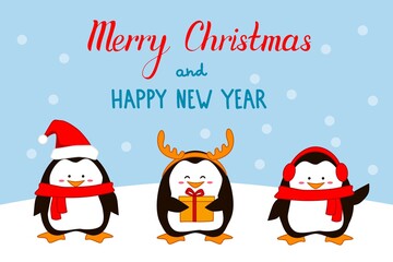 Merry Christmas card with cute penguins with x-mas gifts - penguin on snowy background. Flat design vector illustration.