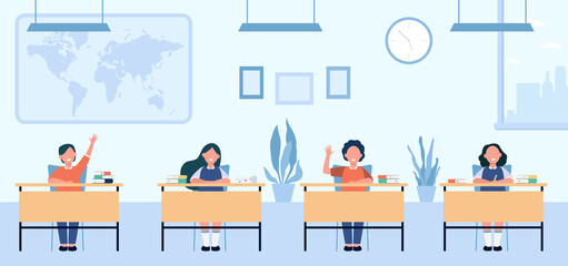 Happy pupils studying in classroom isolated flat vector illustration. Cartoon children characters sitting at tables in school lesson. Study, exam and interior clipart concept