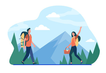 Man and woman going for picnic together. Nature, hobby. Flat vector illustration. Traveling concept can be used for presentations, banner, website design, landing web page