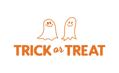 Cute cartoon ghost with trick or treat text design. Funny Halloween illustration.