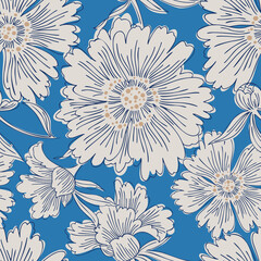 Hand drawn abstract garden flowers. Contour drawing. Large daisy heads in bloom. Summer floral seamless pattern. Line art flowers. Detailed outline sketch drawing. Good for dress, fabric and textile.