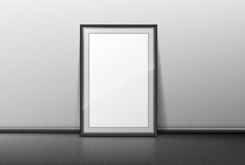 Blank frame on grey wall background. Empty border for photo or picture stand on wooden floor in room or office. Home decor, mockup for museum exhibit, art framing, Realistic 3d vector illustration