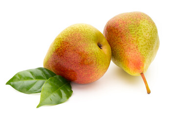 Fresh bio pear with leaves on isolated white background.