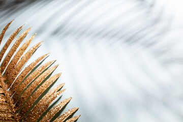 Gold palm leaves and shadows on a blue wall background.