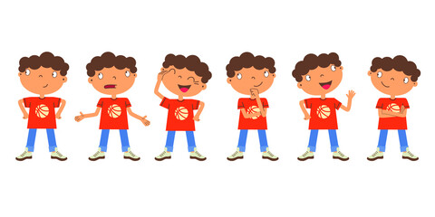 Cute cartoon boy character standing in different poses, with different facial expression. Happy kids emotions. Flat line art style. Vector illustration.