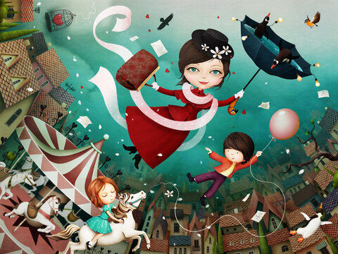 Bright fairytale illustration based on  tale of  cheerful nanny Mary Poppins and her friends. 