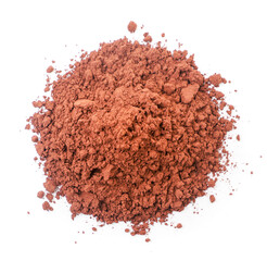 Heap of cocoa powder on white background, isolated. The view from top