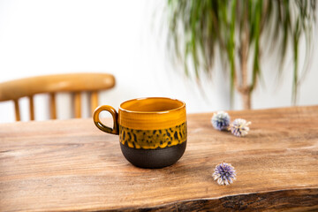 porcelain coffee cup on rustic table