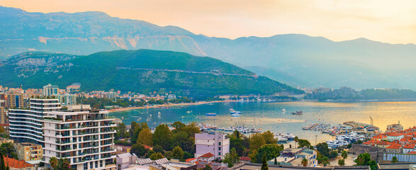 Beautiful landscape sunrise in the resort town, Montenegro, Budva