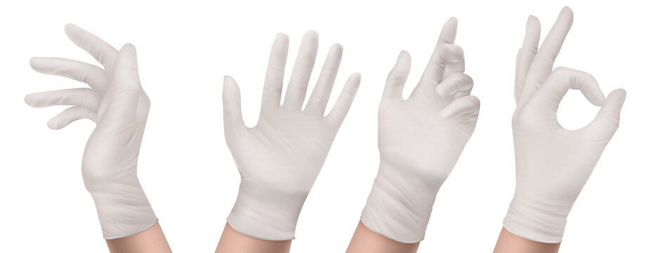 Nitrile Gloves On Hand Front And Side View. White Rubber Disposable Latex Personal Protective Equipment For Health Or Laboratory Workers, Palm Gesturing Show Ok, Realistic 3d Vector Illustration, Set