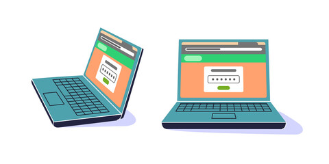 Laptop view with a password box interface.