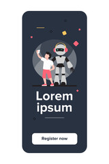 Boy taking selfie with humanoid. Child with cyborg, kid with robot flat vector illustration. Robotics, engineering, childhood concept for banner, website design or landing web page