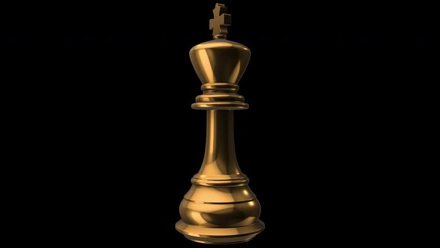 3d chess pieces king rotating on alpha channel background in seamless loop.