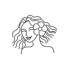 Fototapeta premium Portrait of a woman with a flower in her hair. Vector illustration, line art, abstraction, poster, postcard, logo