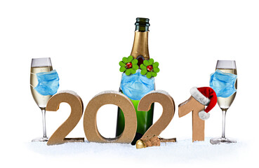 happy new year eve covid-19 coronavirus social distancing party concept. 2021 number four leaf...