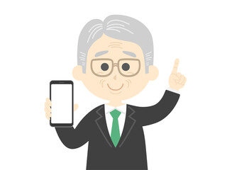 スマートフォンの画面を見せる年配男性のイラスト