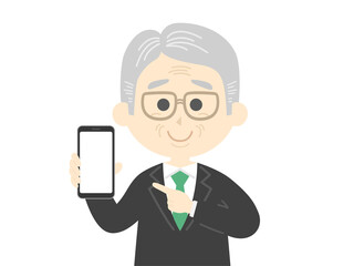 スマートフォンの画面を見せる年配男性のイラスト