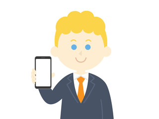 スマートフォンの画面を見せる白人男性のイラスト