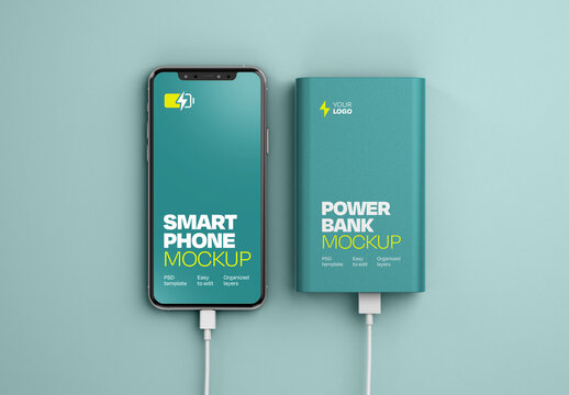 Smartphone and Glossy Power Bank Mockup
