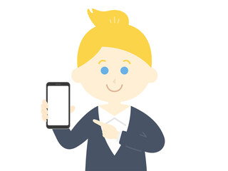 スマートフォンの画面を見せる白人女性のイラスト