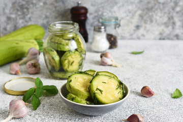 Marinated zucchini with garlic and dill. Blanks.