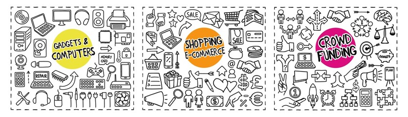 Gadgets and Computers, Shopping and Crowd Funding doodle icons set