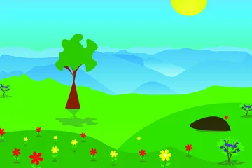 Zelfklevend Fotobehang Cartoon flat panorama spring summer beautiful nature, green meadows, meadow with flowers, mountains on the horizon background, landscape vector illustration © Alena