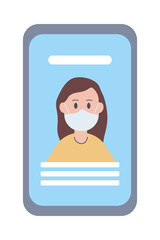 woman wearing medical mask in smartphone