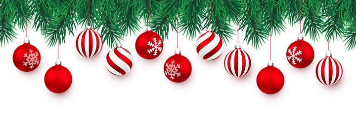 Festive Christmas or New Year Background. Christmas Tree Branches and xmas red ball. Vector illustration