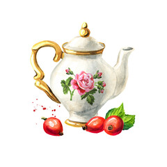Teapot and Rosehip. Hand drawn watercolor illustration isolated on white background