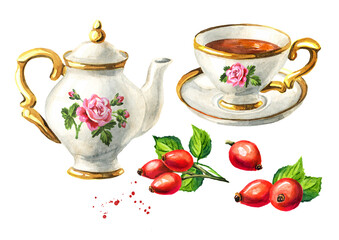 Teapot, cup of tea and Rosehip set. Hand drawn watercolor illustration isolated on white background