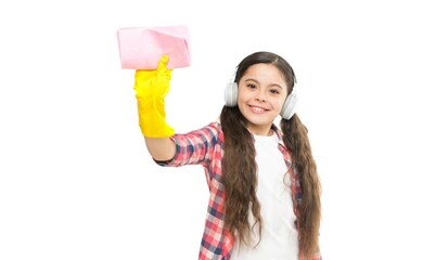 Let music move you. Girl headphones and gloves cleaning. Make household more joyful. Have fun....