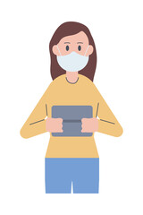 woman wearing medical mask using tablet