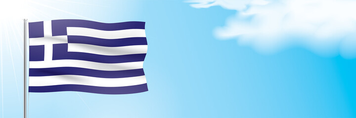 The official flag of Greece waving on a blue sky background. Horizontal vector banner design, with Greece flag hanging on a sunny background with white clouds. Hellenic Republic flag banner.