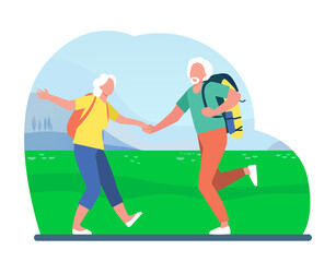 Fototapeta na wymiar Aged people with bagpacks dancing together in meadow. Nature, trip. Flat vector illustration. Traveling concept can be used for presentations, banner, website design, landing web page