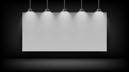 Empty white board mockup on black wall with light bulb on the top, vector illustration