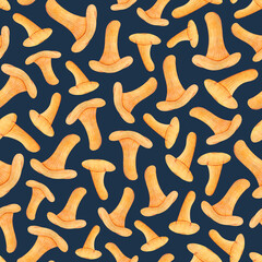 А seamless pattern for home textiles and packaging. Cute orange chanterelle mushrooms on a blue background. Watercolor technique, autumn pattern, hand technique.