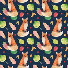 А seamless pattern for baby bedding and baby clothes. Cute red foxes in the forest on a blue background. Watercolor elements, handmade technique, autumn pattern.