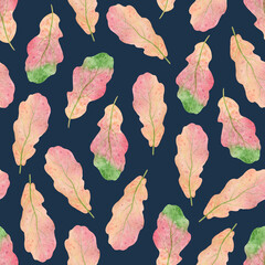 Seamless pattern for home textiles. Cute pink oak leaves on a blue background. Watercolor elements, handmade technique. Autumn pattern.