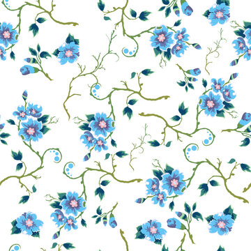 Floral pattern. Floral seamless background with twigs. Blooming pattern.