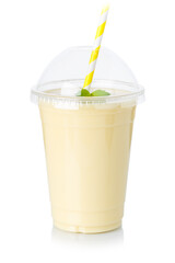 Banana juice smoothie fresh drink milkshake milk shake in a cup isolated on white