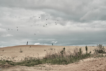 Cloudy sky and sand, in the background a man in a green raincoat. Travel in any weather.