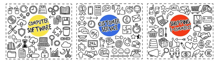 Computer Software, Customer Service and Shopping doodle icons set