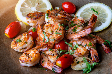 Grilled spicey shrimps with seasoning.