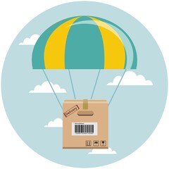 Fototapeta na wymiar Flat design colored vector illustration of package flying down from sky with parachute, concept for delivery service