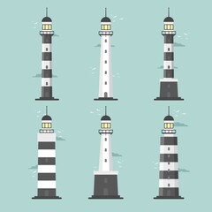 Lighthouses. Set of of large lighthouses over blue background. Vector flat design illustration.