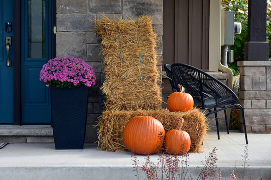pumpkin and pumpkins on hay make a beautiful autumn display.