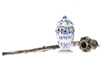 vintage apothecary jar and opium pipe isolated on white background - obrazy, fototapety, plakaty