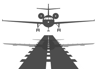 Passenger plane fly up over take-off runway from airport. Vector flat design illustration.